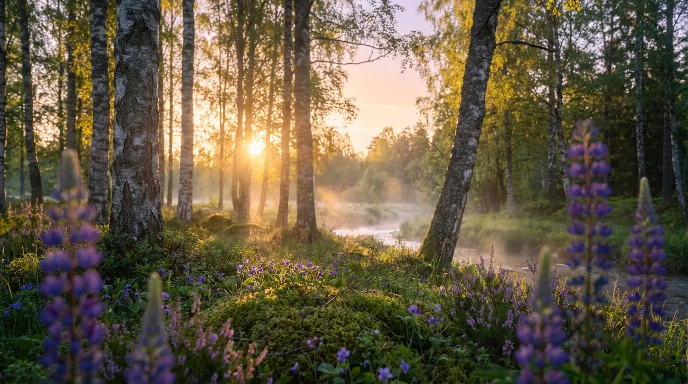 Birkenwald mit blühenden Lupinen im Sonnenaufgang — das Territorium der Praxis